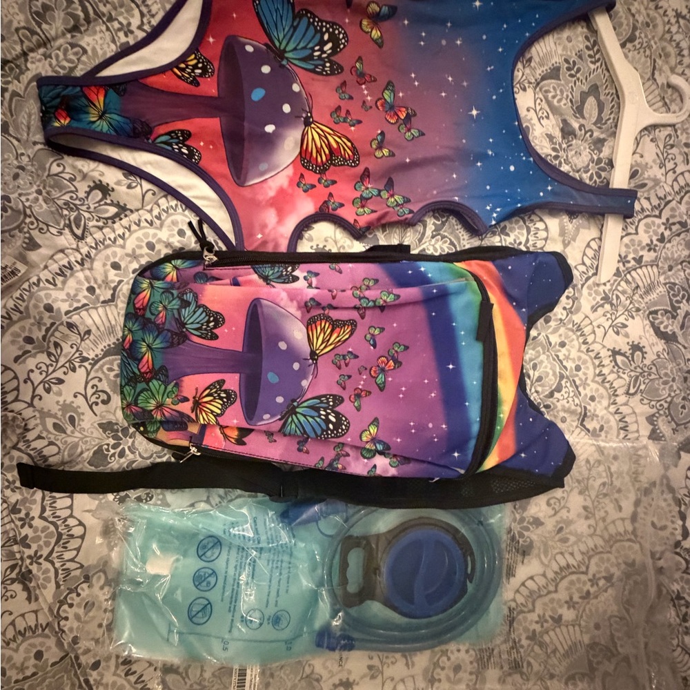 Purple Mushroom & Butterfly One-Piece Swimsuit with matching dehydration back - Picture 2 of 6